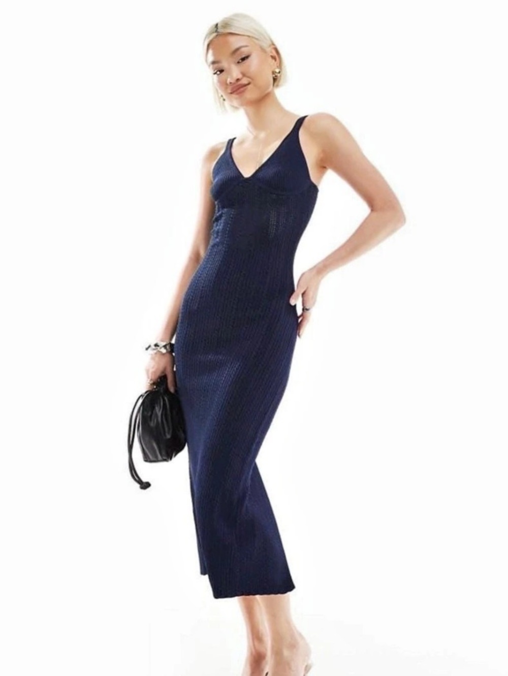 BERSHKA Knit Corset Midi Dress in Navy Blue